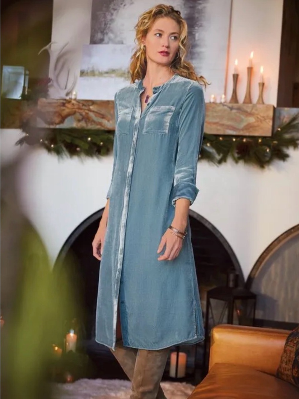 Soft Surroundings Citadel Women's Blue Silk Velvet Button-Front Shirt Dress - Picture 1 of 8